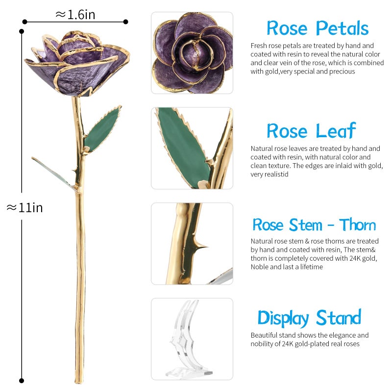 SW Purple Gold Rose Gifts for Women,24k Gold Dipped Real Rose Lasted Forever with Stand Gift for Mom Her,Christmas,Valentines Day, Mothers Day, Birthday - Image 5